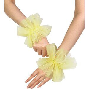 Women's Yellow Short Mesh Tulle Pearl Lace Arm Sleeves Gloves Wedding Party